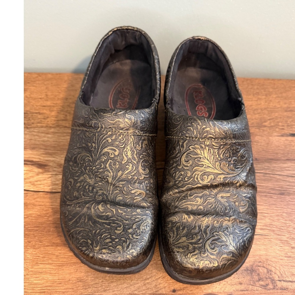 Klogs Black Gold Embossed Paisley Floral Leather Clogs 7.5 Womens Nursing